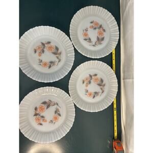 MCM Set Of 4 Termocrisa milk glass plates orange and gray floral pattern